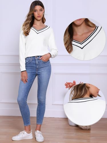 Allegra K V Neck Sweaters for Women Long Sleeve Sweater Fall Casual Knit Pullover Top 20252