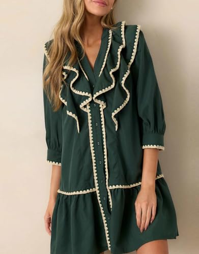 Women's Ruffle Mini Dress Short Sleeve Button Down Cute Babydoll Tiered Dress3