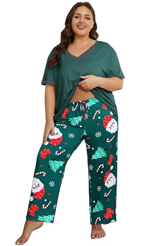 Image of Vozanet Women's Plus Size Pajama Sets Short Sleeve Long Pants Solid Color with Piping Trim Elegant Loungewear Cozy Sleepwear
