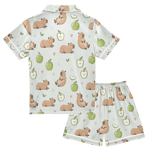 Satin Pajama Sets Short Sleeve Cute Animals Hearts Button Down Silky Nightwear 2 Piece PJS 5-14Y2