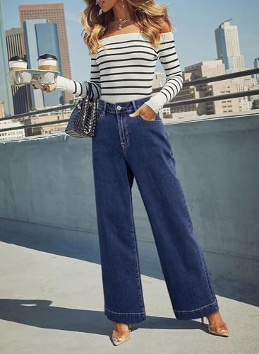 Image of Dokotoo Women's Casual High Waisted Jeans Stretch Wide Leg Loose Denim Pant