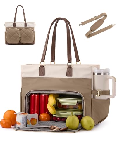 Image of LOVEVOOK Lunch Tote Bag for Women, 2-in-1 Work Bag with Insulated Lunch Compartment, 15.6 Inch Large Capacity Laptop Tote with Cup Holder for Teacher, Nurse, Office, Outdoors, Khaki
