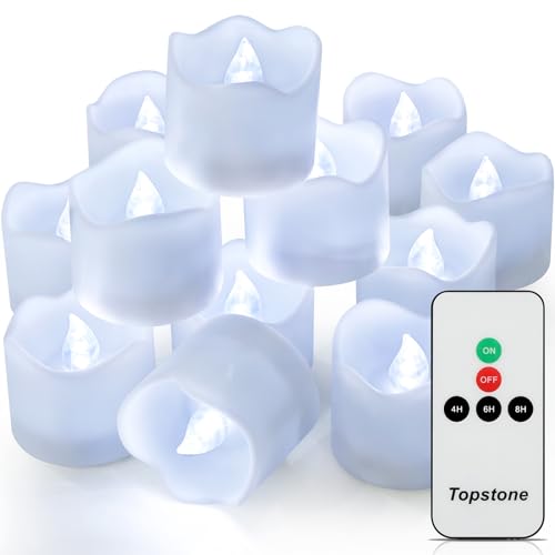 Image of Topstone Flameless Electronic Candle Lights with Remote Control, 400 Hour Battery Life, Cold White LED Realistic Flickering Candles for Home Decor, Wedding, Christmas, Votive, Jar, Centerpiece