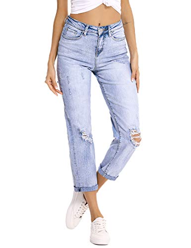 Resfeber Women's High Rise Boyfriend Jeans Ripped Distressed Jeans Crop Mom Jean with Holes