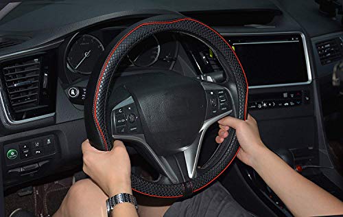 Rueesh Steering Wheel Cover Anti-Slip Microfiber Leather Matte Finish For Auto Car Universal 15 Inch Embossing Pattern Red Line #TOP2