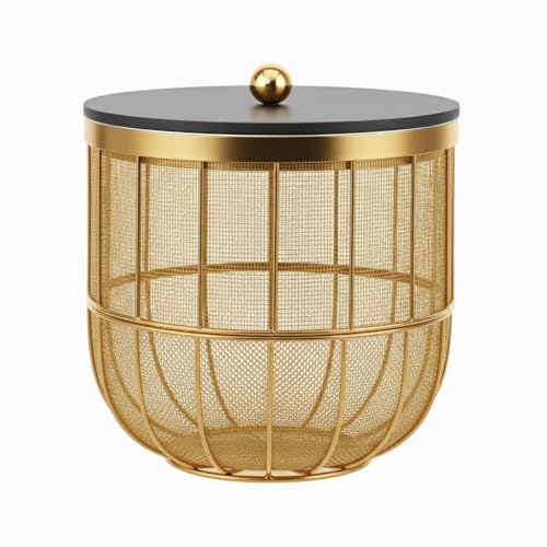 Premium Metal Fruit Basket with Lid | Large Capacity Mesh Storage Basket for Fruits & Vegetables | Dustproof Covered Fruit Bowl for Kitchen Counter & Dining Table Organizer (Gold)