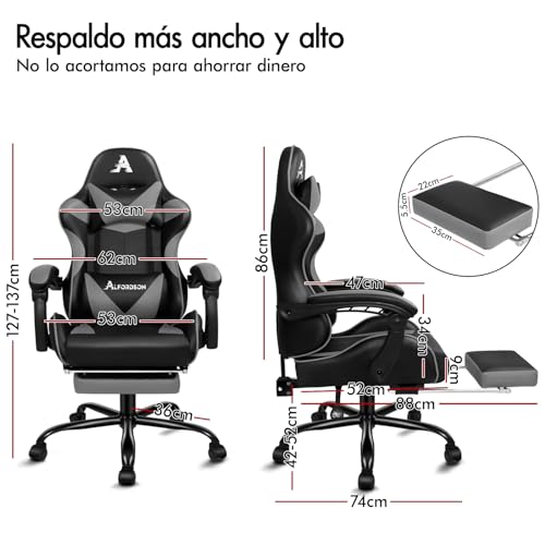 Miniatura 2 de Alfordson Silla De Juego De Carreras, Reclinable Y Ajustable En Altura, Vogler Silla De Oficina Ergonómica Para Juegos, Reposapiés Acolchado, Capacidad De 180 Kg, Cuero Pu, Gris