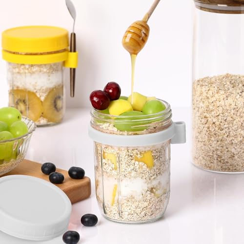 Image of PATZY 350 ml Oats Container With Lids And Spoon set of pc Glass Mason Jars For Overnight Oats Leak Proof Container with Measurment For Cereal Fruit Vegetable Milk Salad Yogurt (Multicolor) (1)