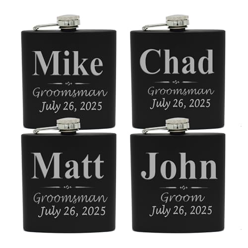My Personal Memories Set of 1, 2, 3, 4, 5, 6, 7, 8 Personalized Black Flask - Custom Engraved Groomsmen, Best Man, Groom Gift Flasks - 3 Lines Style (4)