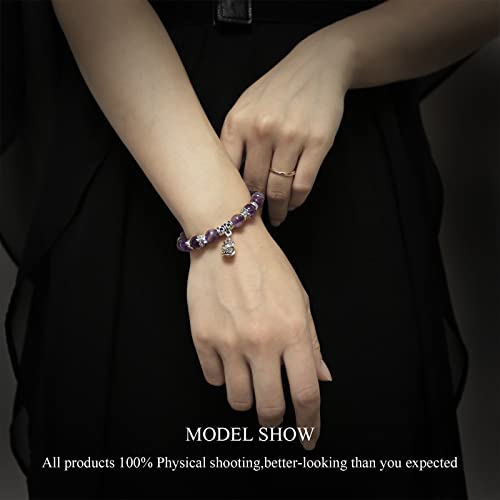 Ks-Workshop 8Mm Stretch Bracelet For Women Handmade Beads Chain Quality Natural Stone Amethyst Purple Crystal Beaded Girls Charm Dancing Lion Pendant Semi-Precious Perfect Birthday Gift Souvenir #TOP2