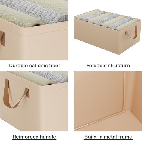 Image of Kuber Industries Pack of 4 Foldable Cloth Organizer for Storage with Steel Frame & Sturdy Handles | Space-Saving Dress Organizer Boxes for Cupboard, Shelves & Wardrobes | LJ-2-BG | Beige