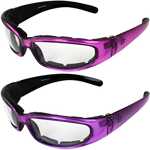 Birdz Eyewear Chill Women's Foam Padded Motorcycle Sunglasses 2 Pairs Pink & Purple Frames Clear Lenses