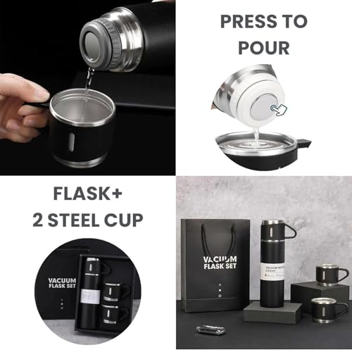 Image of Stainless Steel Vacuum Flask Set with 2 Cups, 500ml Vacuum Insulated Tea & Coffee Bottle, Leakproof Hot & Cold Water Flask, Travel Mug Gift Set for Office, Travel & Diwali (Multicolor)