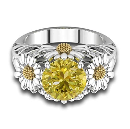 Kuyiuif 925 Sterling Silver Ring Citrine Daisy Ring Cubic Zirconia Sunflower Flower Wedding Ring Fashion Lady CZ Ring (10)2