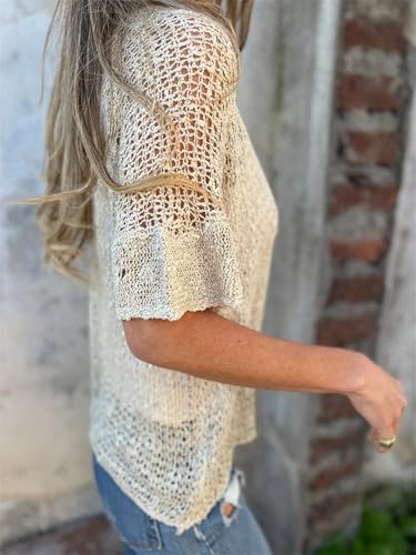 Women's Crochet Cardigan Summer Lightweight Hollow Out Short Sleeve V Neck Button Down Open Front Loose Knit Sweater4