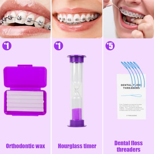 OFFCUP Orthodontic Care Kit, 9 Pack Braces Cleaning Set, Oral Care kit V-Brush Oral Mirror Ortho Wax Timer Dental Floss Threaders Interdental Brush Tongue Scraper (Purple) - Image 3