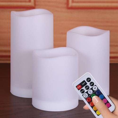 Image of WRalwaysLX Flameless Candles with Timer, Color Changing LED Candles with Remote Control,Battery Candles Outdoor and Indoor Home Decor, Set of 3, 2.5 inch D X H3 /4 inch /5 inch by 3AAA Batteries(not Included)