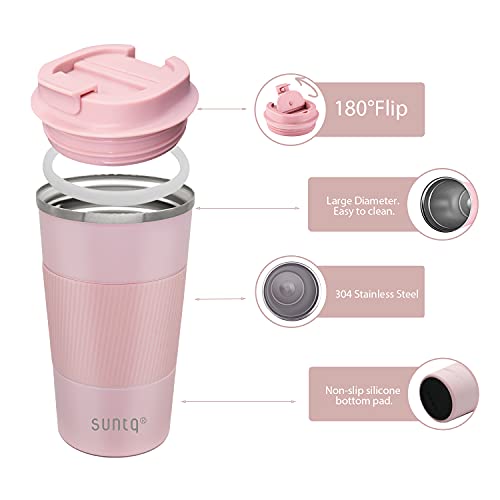 SUNTQ Tazas de café reutilizables de viaje de 510 ml con tapa a prueba de fugas - Taza térmica aislada - Taza de viaje de acero inoxidable con agarre de goma para bebidas calientes y frías, color rosa - Imagen 4