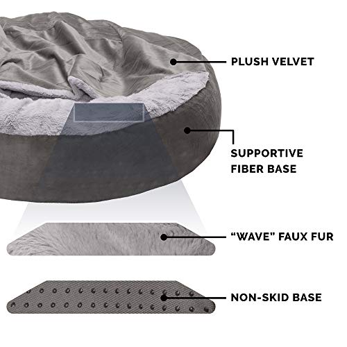 Furhaven-27-Round-Calming-Donut-Dog-Bed-for-MediumSmall-Dogs-Washable-For-Dogs-Up-to-45-lbs-Plush-Velvet-Waves-Hooded-Donut-Bed-Dark-Gray-Medium