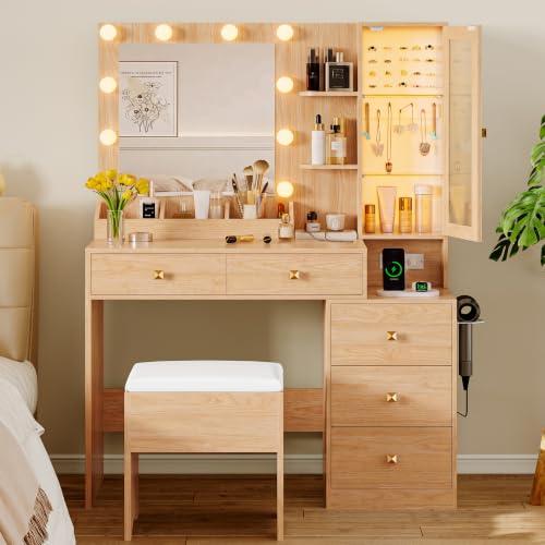 Image of Vanity Desk with Mirror and Lights, Makeup Vanity Table Set with 5 Storage Drawers, Power Outlet & Chair, Small Dressing Table with RGB Ambient Light, Adjustable Brightness for Girls Bedroom, Oak