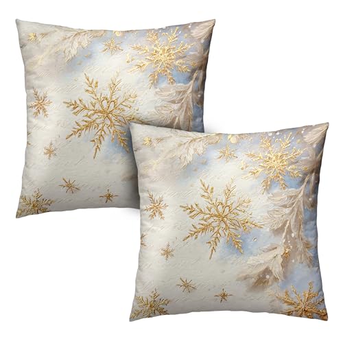 Kwlegh Gold Snowflakes Pillow Covers Winter Pillowcase 16x16 Set of 2 Christmas Double Sided Printing Throw Pillow Covers Holiday Cushion Case for Living Room Couch Sofa