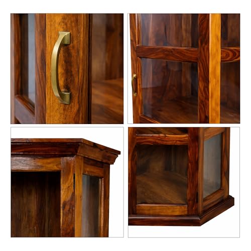 Image of SONA Art & Crafts Astro Sheesham Wooden Crockery Cabinet with Glass Door | Solid Wood Multipurpose Storage Cabinets for Living Room Home & Kitchen | Book Shelf Wooden - Natural Finish