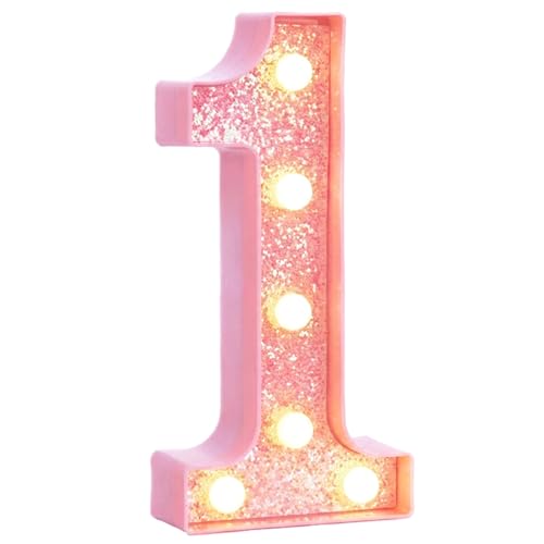 Image of Pink Light Up Marquee Numbers, Glitter LED Number Lights Signs Battery Operated for Girls 1st 10th 12th 16th Pink Birthday Party Table Decorations, 8 Inch Tall Number 1 with Warm White Lights