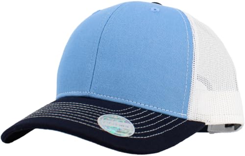 Image of KBETHOS Classic 6 Panel Cotton Twill Mesh Trucker Cap with Adjustable Snapback, Sky-NAV-WHT