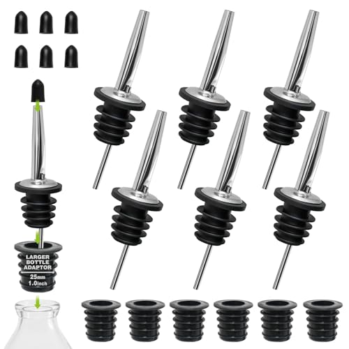BALTRE 6PCS Bottle Pourer with Adapters, Oil Pourer Spout with Rubber Dust Caps, Stainless Steel Liquor Pour Spout, Speed Pourers for Alcohol, Olive Oil, Bartender Accessories