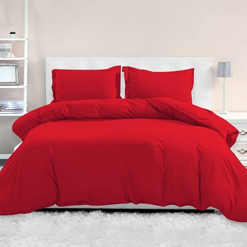 Mocassi Luxury Full Size 3-Piece Duvet Cover Set - 1800 Premium Hotel Quality Microfiber Button Closure Duvet Cover (No Comforter Included) 1 Duvet Cover 88x88 Inch and 2 Pillow Shams Red