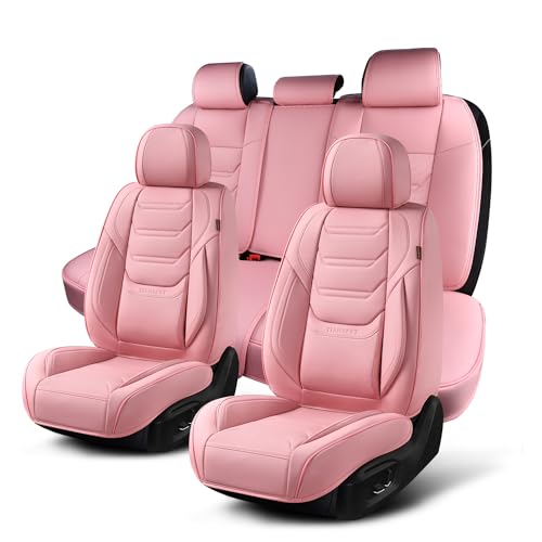 Image of TIEHESYT Car Seat Covers Full Set, Breathable Leather Automotive Front and Rear Seat Covers, Car Seat Protectors Full Set, Compatible with Most Vehicles, SUV (Cute Pink, Front Pair and Rear)