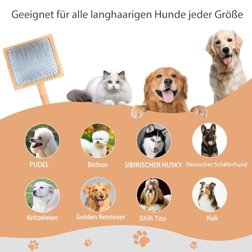 YOPETAYU Slicker Bürste für Hunde & Katzen mit Holzgriff – extra lange Borsten für langes Fell – entfernt Unterwolle & Knoten – mit Fellkamm – für Golden Retriever & Australian Shepherd – Oak