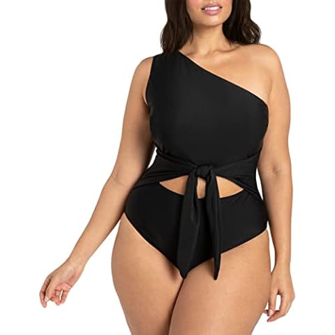 Sovoyontee Women Plus Size One Piece Swimsuit One Shoulder Bathing Suits Cutout Tummy Control Swimwear Black XL Cover