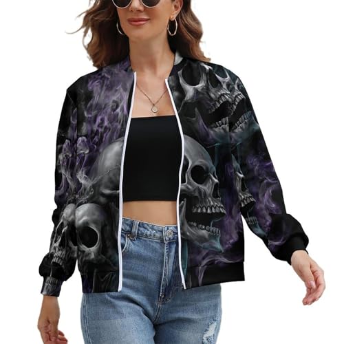 UOMSKTY Chaqueta Ligera Mujer, Bomber Piloto Elegante Con Cremallera Y Bolsillos, Terror Halloween Humo Calavera Cazadora Antiviento Casual Entretiempo Primavera Otoño XS