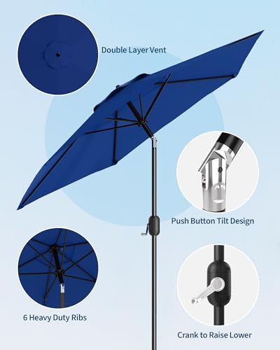 7.5FT Outdoor Patio Umbrella Table Market with Push Button Tilt and Crank, 6 Sturdy Ribs UV Protection Waterproof for Garden, Deck, Backyard, Pool (Navy Blue)