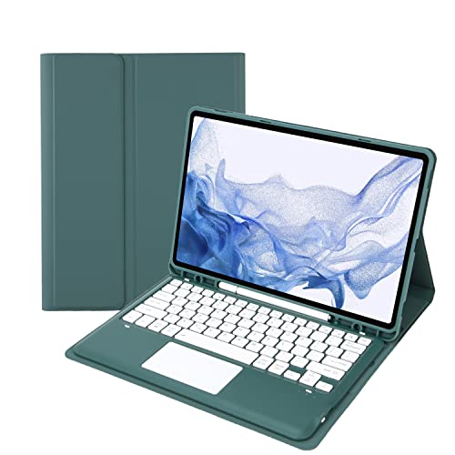 Étui Clavier Tablette pour Samsung Galaxy S8 Ultra 14.6 Pollici 2022 SM-X900/X906 Smart Touchpad Support S-Pen, Housse Clavier magnétique Bluetooth sans Fil pour Galaxy S8 Ultra (Vert foncé)