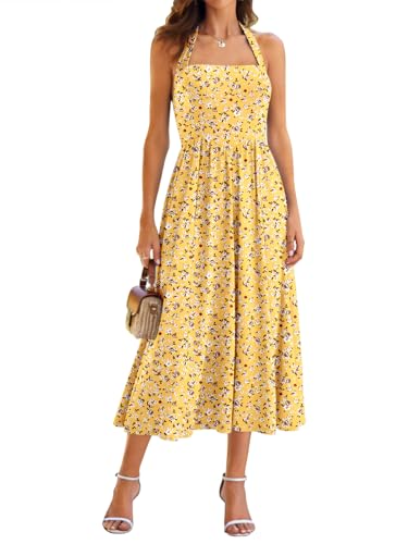Image of YIOYOLA Women Sleeveless Halter Sleeveless Drop Waist Corset Midi Dress Swing Flowy Beach Sundresses with Pockets