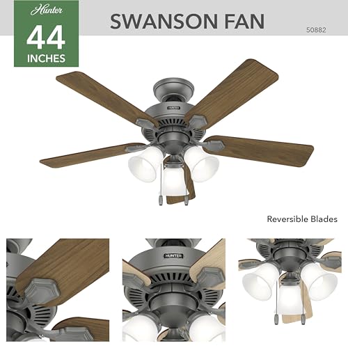 Image of Hunter Swanson, Indoor, Ceiling Fan, with LED Lights, 44 inch, Matte Silver