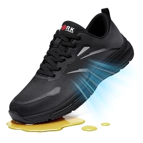LARNMERN Non Slip Work Shoes for Men Zapatos Antideslizantes Cocina para Hombres Trabajo Chef Restaurant Nonslip Shoes Kitchen Mens Walking Sneaker, Grey Black 10