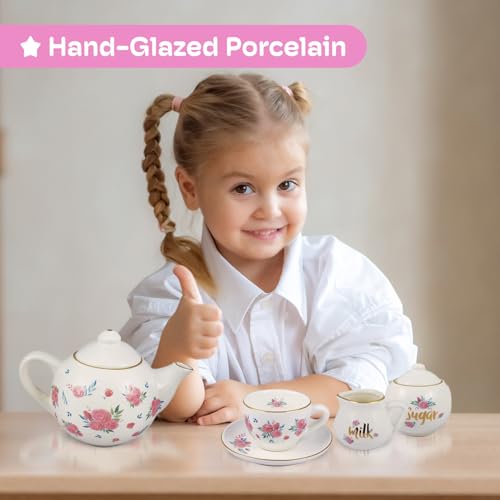 image for Jewelkeeper Porcelain Tea Set for Girls - Pink Ceramic Tea Cups with P
