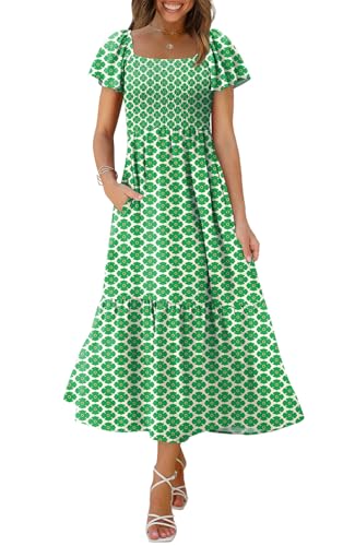 Image of OFEEFAN Summer Dresses for Women Square Neck Ruffle Sleeve Smocked Maxi Dress with Pockets