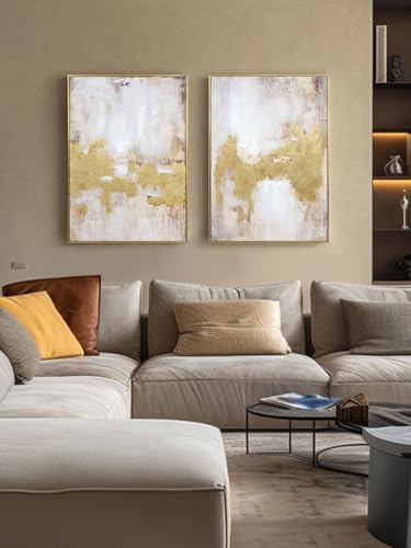 Image of 2 Piece Gold and Neutral Abstract Wall Art - Modern Textured Canvas Prints with Hand-Applied Brush Strokes, Framed Artwork for Living Room, Bedroom, or Office, 20 x 28 Inches