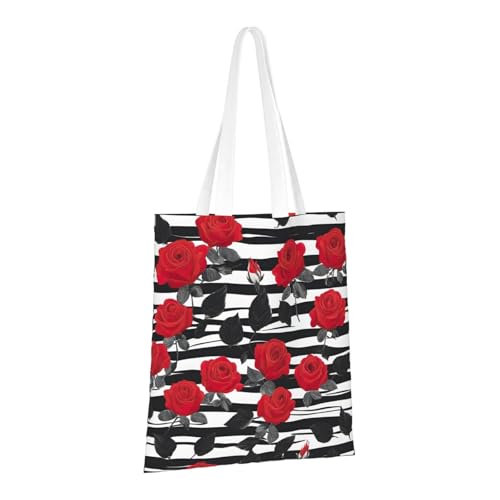 Black White Stripes Red Rose Flowers Print Polyester Canvas Tote Bag, Worthy Shopping Bag, Ideal For Present And Daily Errands2