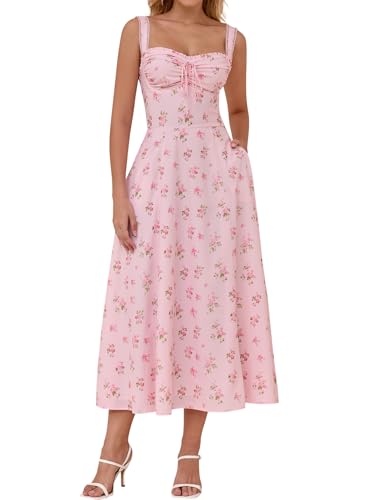 KUTUMAI Floral Corset Midi Dresses for Women 2025 Lace Up Flowy Summer Wedding Guest Dress with Pockets