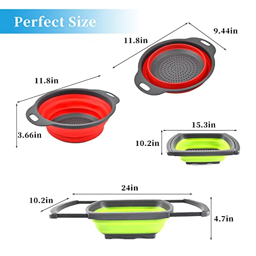 Collapsible Colanders With Handles, 1 Pcs 6 Quart & 2 Pcs 4 Quart Draining Basket Set, Adjustable Silicone Collapsible Colanders On The Sink Fruits, Vegetables, Suitable For The Kitchen (Green+Red) #TOP1