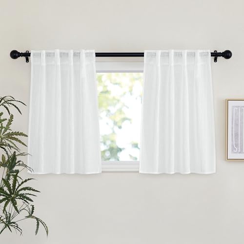 NICETOWN White Linen Sheer Kitchen Window Curtains Over Sink, Rod Pockets & Back Tab Semi Sheer Window Treatments Privacy with Light Filtering for Hom