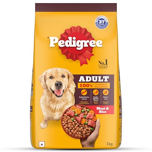 Pedigree Adult Dry Dog Food, Meat & Rice, 3 kg, Contains 37 Essential Nutrients, 100% Complete & Balanced Food for Adult Dogs