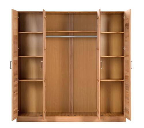 Möbel-Store24 Kleiderschrank Spiegeltür Holz Kernbuche teilmassiv Natur geölt 4-türig Pia,Maße BxTxH: 202 x 60 x 205 cm