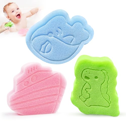 DANCELF Baby Bath Sponge, Natural Cute Shapes Soft Shower Sponges for Bathing, Bathtub Foam for Infants and Toddler, 3pcs : Blue Whale, Pink Ship,...