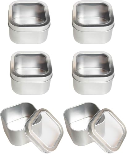LJY Empty 8-Ounce Capacity Square Silver Metal Tins with Clear Window for Candle Making, Candies, Gifts & Treasures (6 Pack) (Silver, 2.95